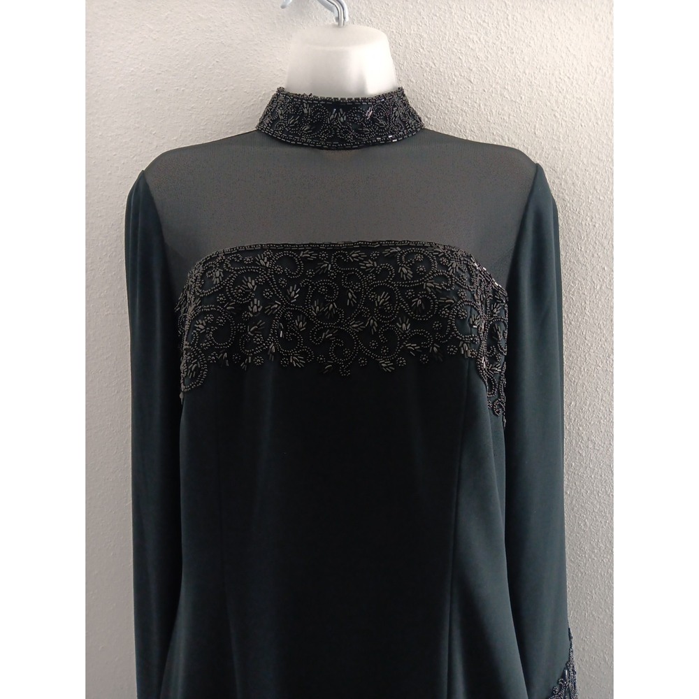 Olga Cassini Jewel‎ Beaded High Neck Dress Black Size Cocktail Party Sheer Midi - Picture 2 of 11